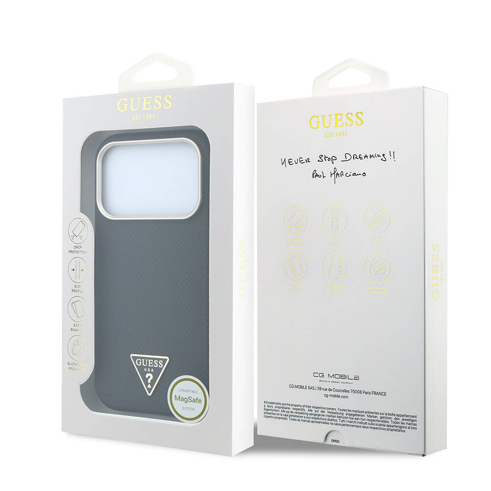 Apple iPhone 18 Pro Kılıf Guess Orjinal Lisanslı M-safe Şarj Özellikli PU Metal Üçgen Logolu Karbon Fiber Kevlar Kapak - 24