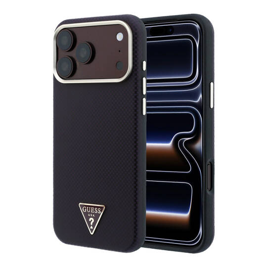Apple iPhone 18 Pro Kılıf Guess Orjinal Lisanslı M-safe Şarj Özellikli PU Metal Üçgen Logolu Karbon Fiber Kevlar Kapak - 9