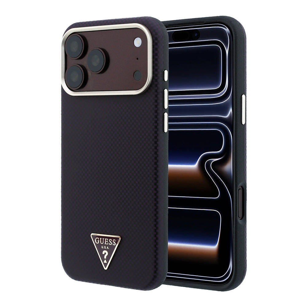 Apple iPhone 18 Pro Kılıf Guess Orjinal Lisanslı M-safe Şarj Özellikli PU Metal Üçgen Logolu Karbon Fiber Kevlar Kapak - 9