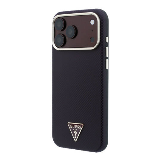 Apple iPhone 18 Pro Kılıf Guess Orjinal Lisanslı M-safe Şarj Özellikli PU Metal Üçgen Logolu Karbon Fiber Kevlar Kapak - 10