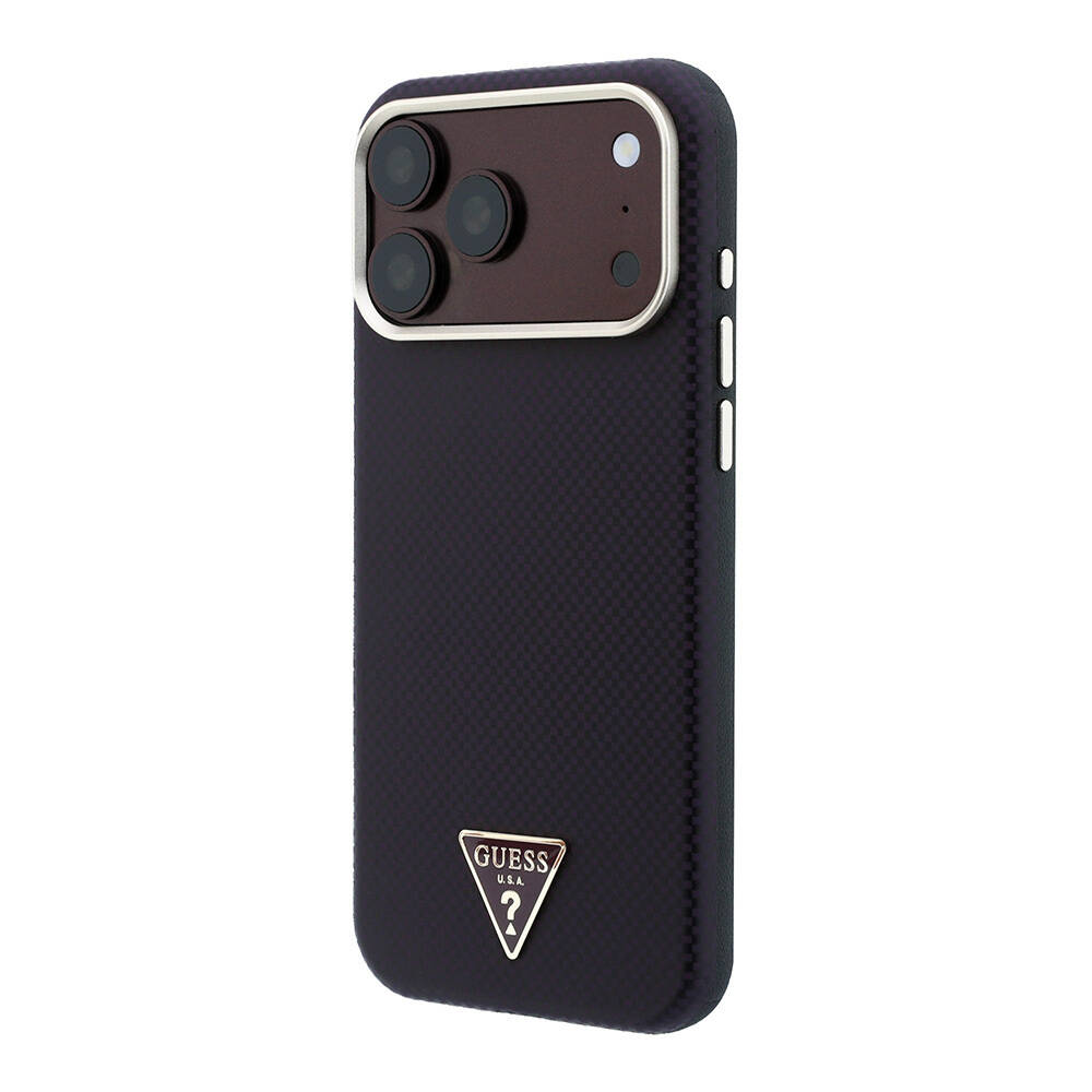 Apple iPhone 18 Pro Kılıf Guess Orjinal Lisanslı M-safe Şarj Özellikli PU Metal Üçgen Logolu Karbon Fiber Kevlar Kapak - 10
