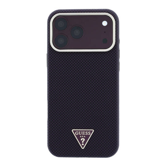 Apple iPhone 18 Pro Kılıf Guess Orjinal Lisanslı M-safe Şarj Özellikli PU Metal Üçgen Logolu Karbon Fiber Kevlar Kapak - 11