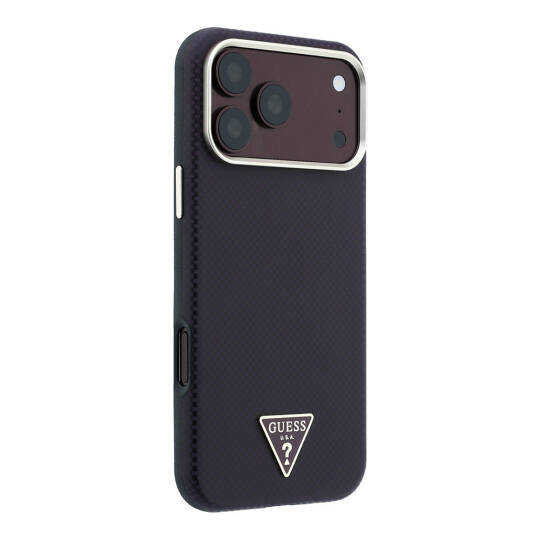 Apple iPhone 18 Pro Kılıf Guess Orjinal Lisanslı M-safe Şarj Özellikli PU Metal Üçgen Logolu Karbon Fiber Kevlar Kapak - 12