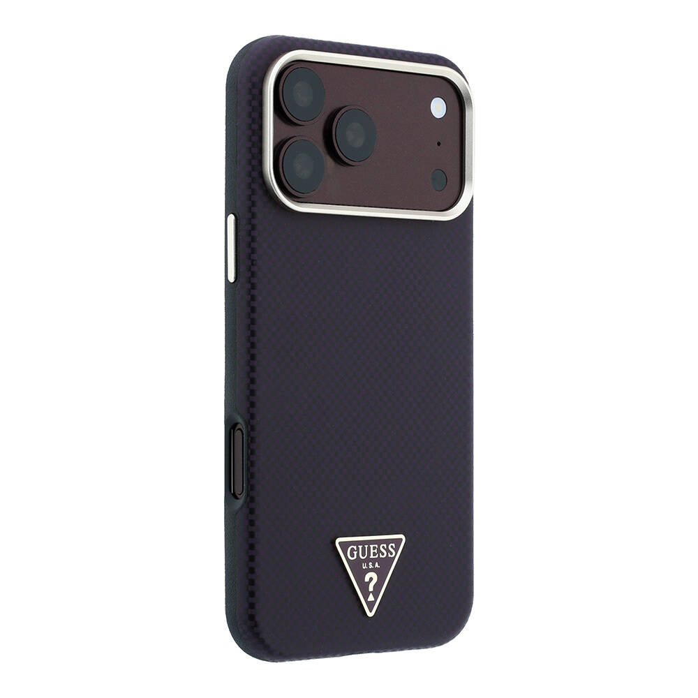 Apple iPhone 18 Pro Kılıf Guess Orjinal Lisanslı M-safe Şarj Özellikli PU Metal Üçgen Logolu Karbon Fiber Kevlar Kapak - 12