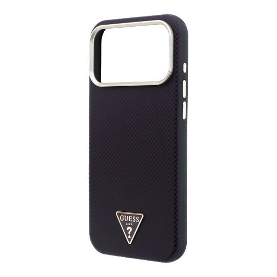 Apple iPhone 18 Pro Kılıf Guess Orjinal Lisanslı M-safe Şarj Özellikli PU Metal Üçgen Logolu Karbon Fiber Kevlar Kapak - 14