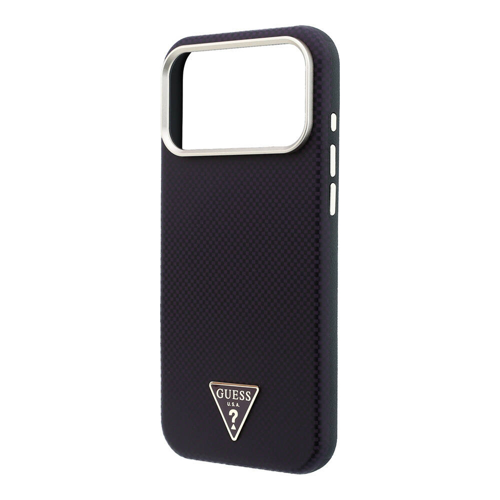 Apple iPhone 18 Pro Kılıf Guess Orjinal Lisanslı M-safe Şarj Özellikli PU Metal Üçgen Logolu Karbon Fiber Kevlar Kapak - 14