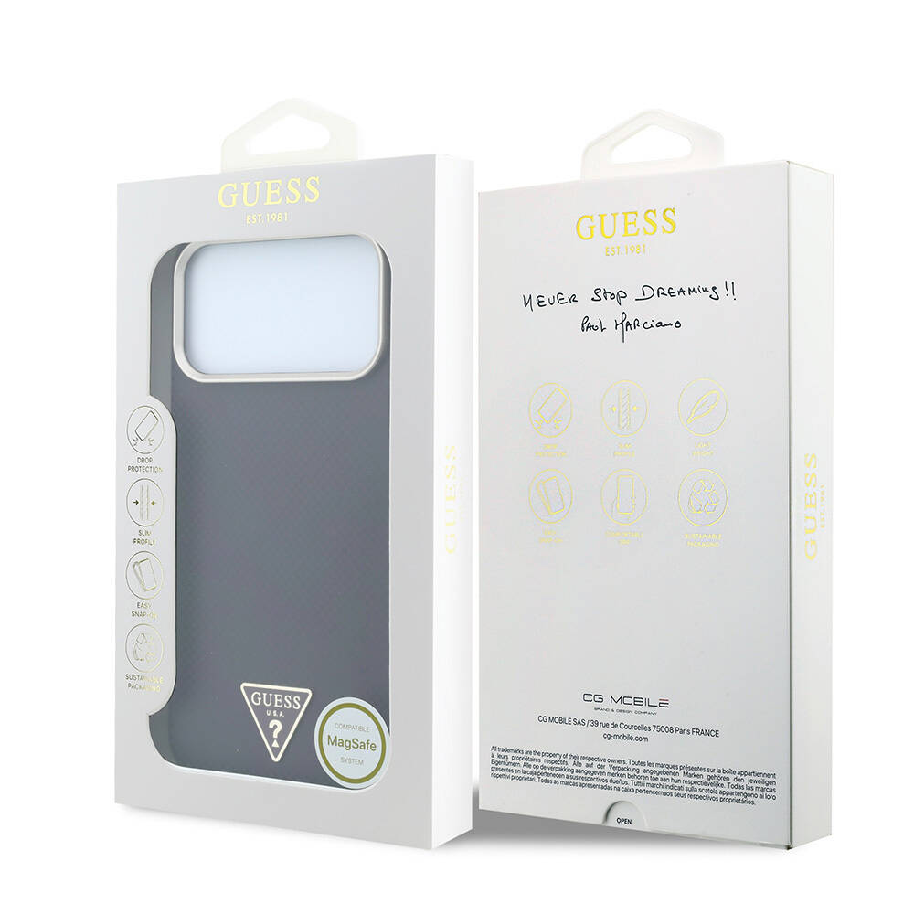 Apple iPhone 18 Pro Kılıf Guess Orjinal Lisanslı M-safe Şarj Özellikli PU Metal Üçgen Logolu Karbon Fiber Kevlar Kapak - 16