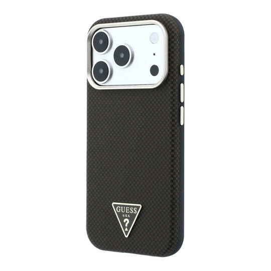 Apple iPhone 18 Pro Kılıf Guess Orjinal Lisanslı M-safe Şarj Özellikli PU Metal Üçgen Logolu Karbon Fiber Kevlar Kapak - 2