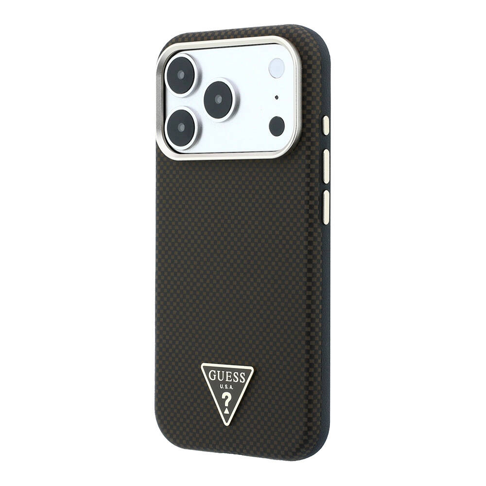 Apple iPhone 18 Pro Kılıf Guess Orjinal Lisanslı M-safe Şarj Özellikli PU Metal Üçgen Logolu Karbon Fiber Kevlar Kapak - 2