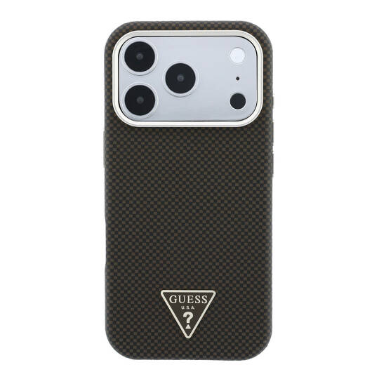 Apple iPhone 18 Pro Kılıf Guess Orjinal Lisanslı M-safe Şarj Özellikli PU Metal Üçgen Logolu Karbon Fiber Kevlar Kapak - 3