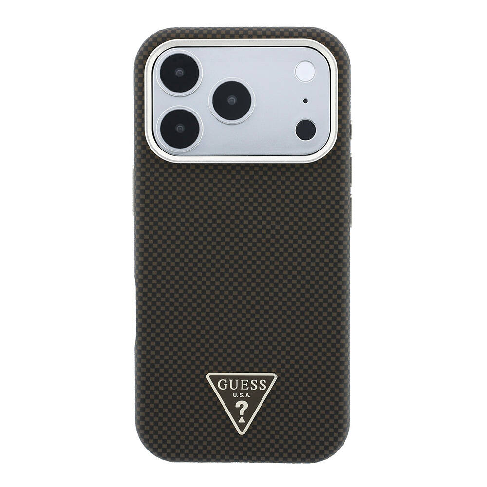 Apple iPhone 18 Pro Kılıf Guess Orjinal Lisanslı M-safe Şarj Özellikli PU Metal Üçgen Logolu Karbon Fiber Kevlar Kapak - 3
