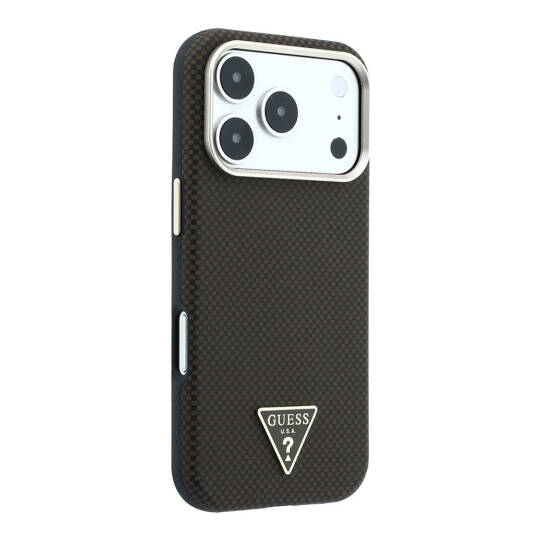 Apple iPhone 18 Pro Kılıf Guess Orjinal Lisanslı M-safe Şarj Özellikli PU Metal Üçgen Logolu Karbon Fiber Kevlar Kapak - 4