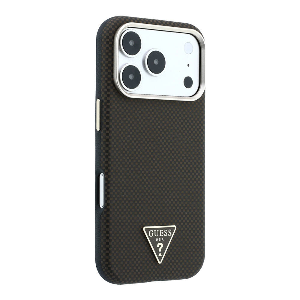 Apple iPhone 18 Pro Kılıf Guess Orjinal Lisanslı M-safe Şarj Özellikli PU Metal Üçgen Logolu Karbon Fiber Kevlar Kapak - 4