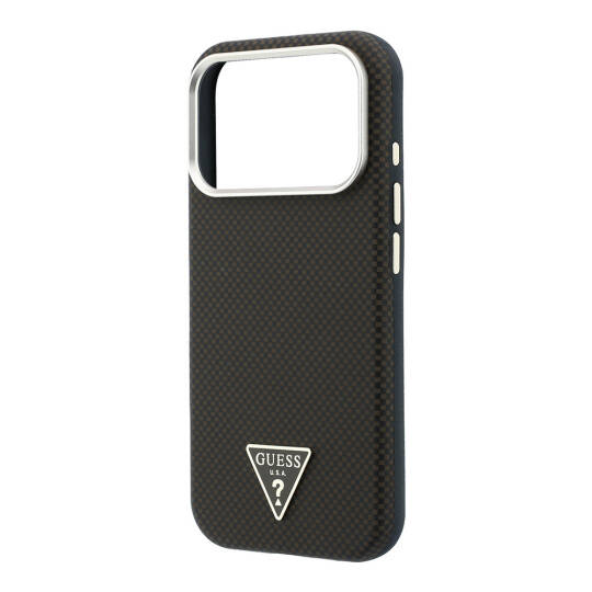 Apple iPhone 18 Pro Kılıf Guess Orjinal Lisanslı M-safe Şarj Özellikli PU Metal Üçgen Logolu Karbon Fiber Kevlar Kapak - 6