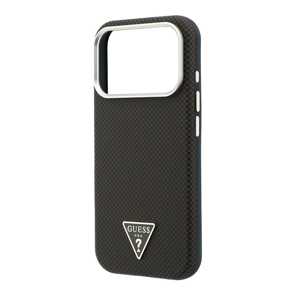 Apple iPhone 18 Pro Kılıf Guess Orjinal Lisanslı M-safe Şarj Özellikli PU Metal Üçgen Logolu Karbon Fiber Kevlar Kapak - 6