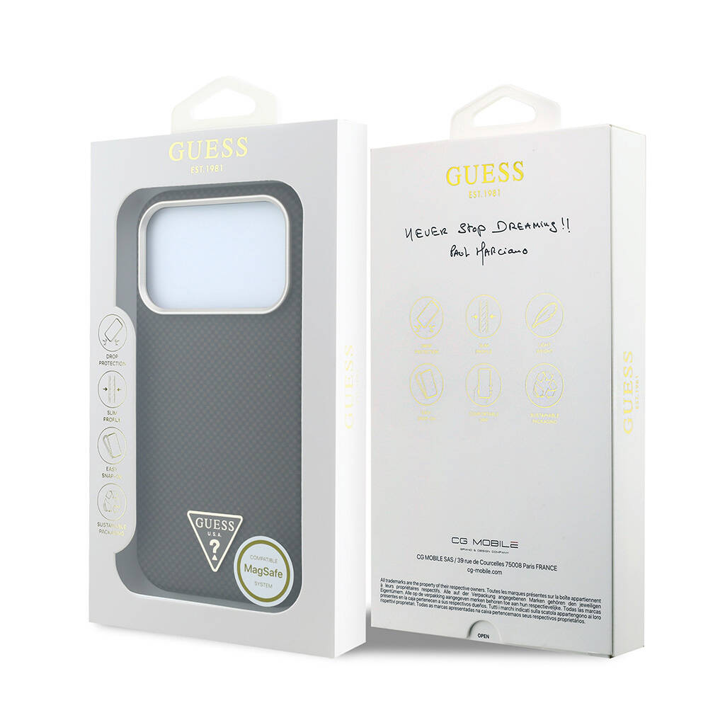 Apple iPhone 18 Pro Kılıf Guess Orjinal Lisanslı M-safe Şarj Özellikli PU Metal Üçgen Logolu Karbon Fiber Kevlar Kapak - 8