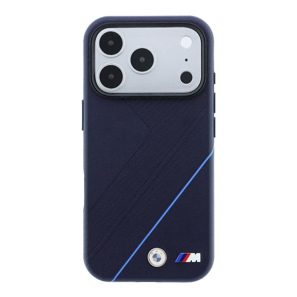 Apple iPhone 18 Pro Max Kılıf BMW Orjinal Lisanslı M-safe Şarj Özellikli M Logolu Lastik İzi Desenli Mavi Çizgili Kapak - 3