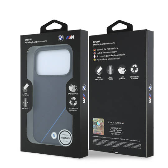 Apple iPhone 18 Pro Max Kılıf BMW Orjinal Lisanslı M-safe Şarj Özellikli M Logolu Lastik İzi Desenli Mavi Çizgili Kapak - 8