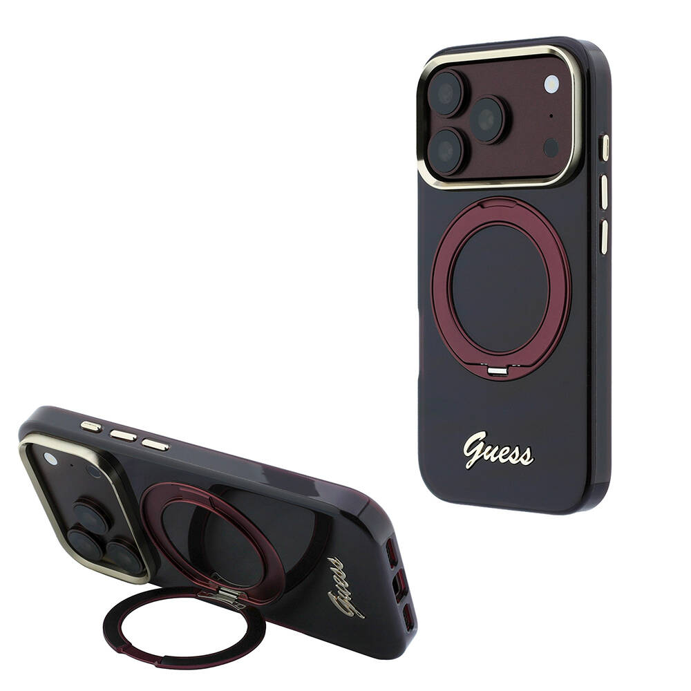 Apple iPhone 18 Pro Max Kılıf Guess Orjinal Lisanslı M-safe Şarj Özellikli 360 Derece Dönebilen Standlı Metal Yazı Logolu Silikon Kapak - 1
