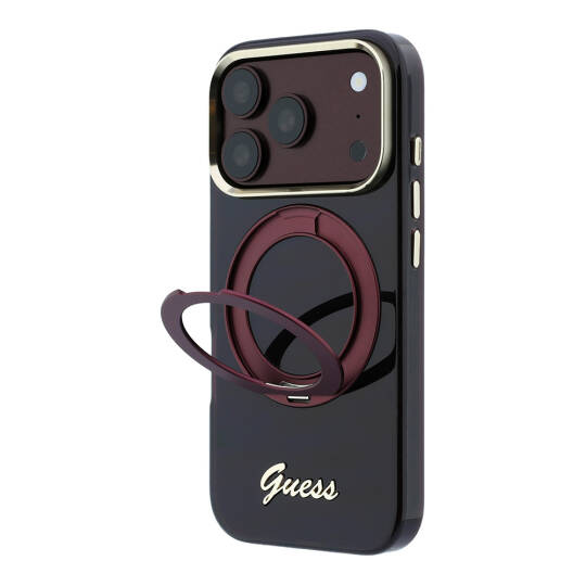 Apple iPhone 18 Pro Max Kılıf Guess Orjinal Lisanslı M-safe Şarj Özellikli 360 Derece Dönebilen Standlı Metal Yazı Logolu Silikon Kapak - 3