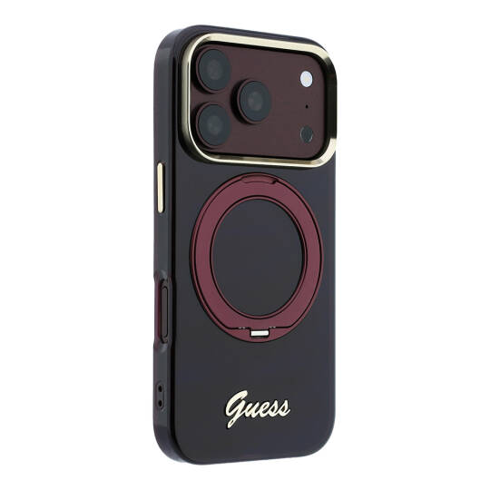 Apple iPhone 18 Pro Max Kılıf Guess Orjinal Lisanslı M-safe Şarj Özellikli 360 Derece Dönebilen Standlı Metal Yazı Logolu Silikon Kapak - 6