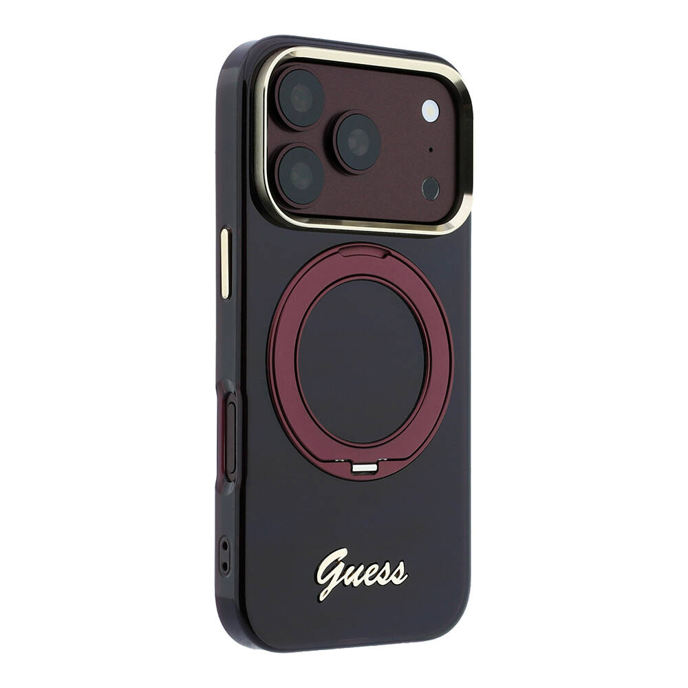 Apple iPhone 18 Pro Max Kılıf Guess Orjinal Lisanslı M-safe Şarj Özellikli 360 Derece Dönebilen Standlı Metal Yazı Logolu Silikon Kapak - 6