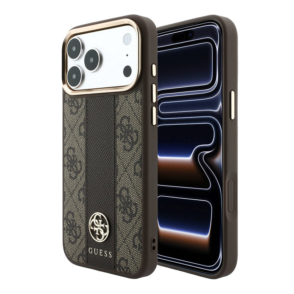 Apple iPhone 18 Pro Max Kılıf Guess Orjinal Lisanslı M-safe Şarj Özellikli Deri 4G Desenli Şeritli Yazı Logolu Kapak - 9