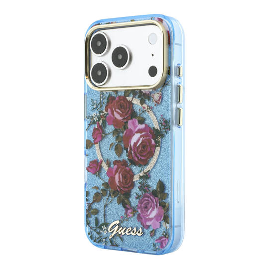 Apple iPhone 18 Pro Max Kılıf Guess Orjinal Lisanslı M-safe Şarj Özellikli Gül Desenli Simli Yazı Logolu Kapak - 10