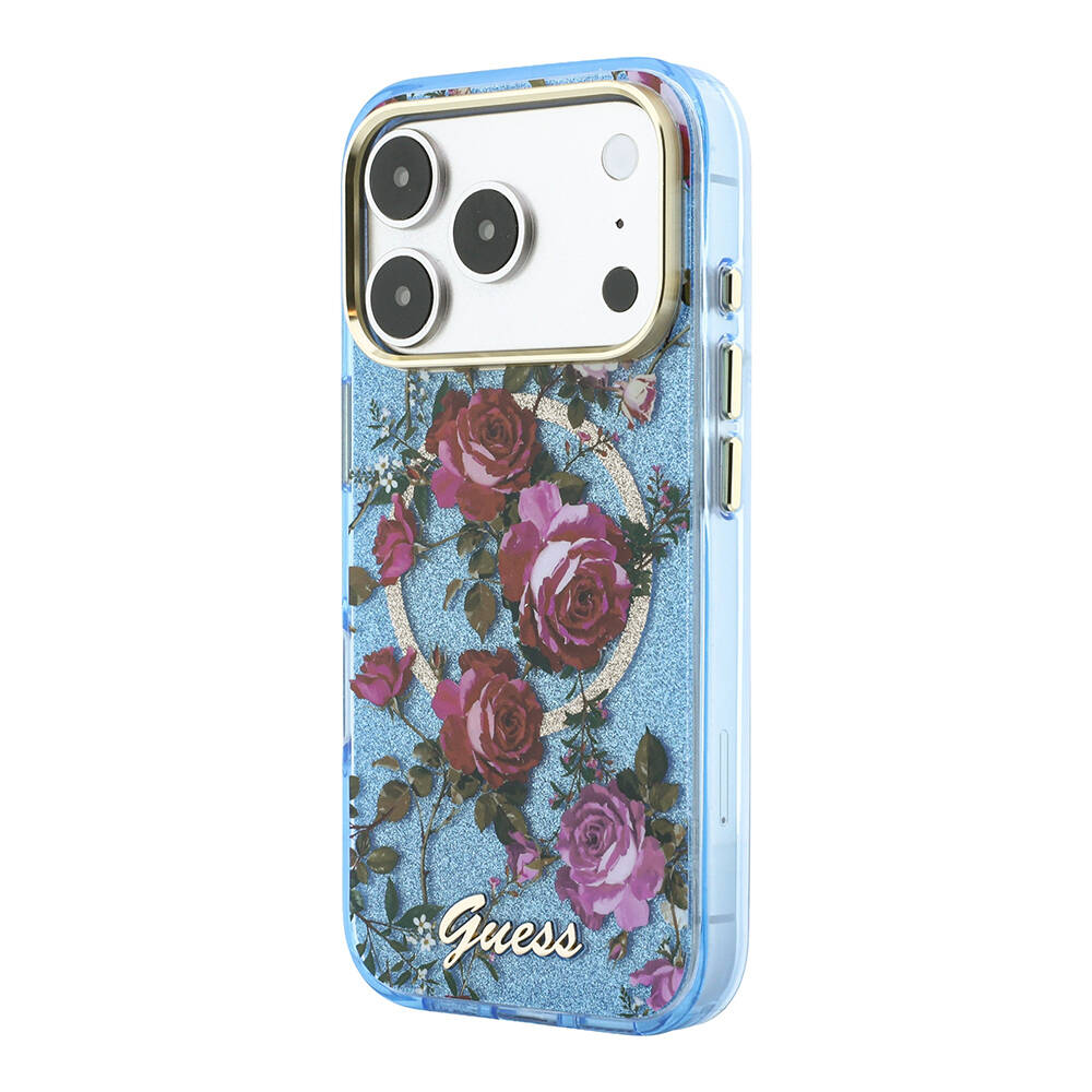 Apple iPhone 18 Pro Max Kılıf Guess Orjinal Lisanslı M-safe Şarj Özellikli Gül Desenli Simli Yazı Logolu Kapak - 10