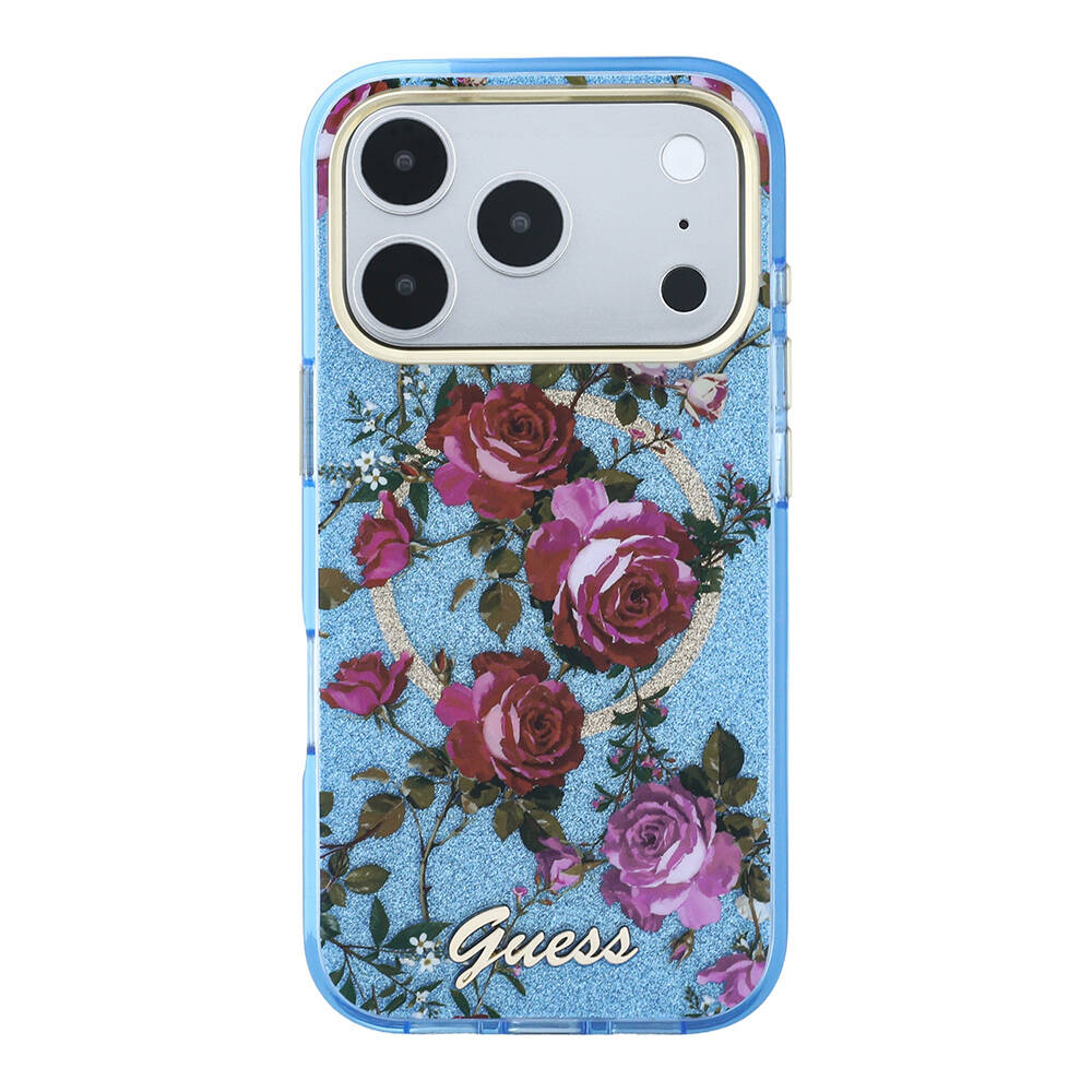 Apple iPhone 18 Pro Max Kılıf Guess Orjinal Lisanslı M-safe Şarj Özellikli Gül Desenli Simli Yazı Logolu Kapak - 11