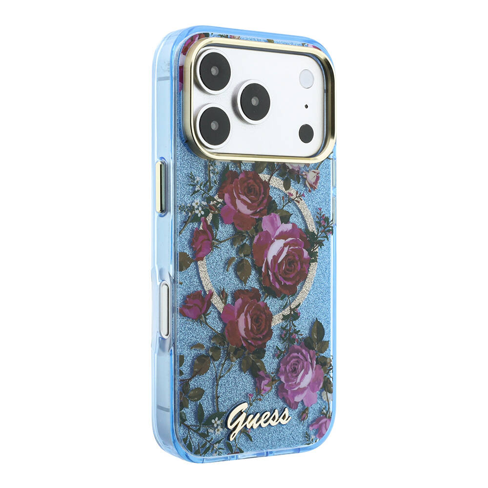 Apple iPhone 18 Pro Max Kılıf Guess Orjinal Lisanslı M-safe Şarj Özellikli Gül Desenli Simli Yazı Logolu Kapak - 12
