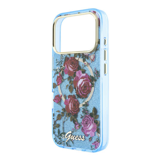 Apple iPhone 18 Pro Max Kılıf Guess Orjinal Lisanslı M-safe Şarj Özellikli Gül Desenli Simli Yazı Logolu Kapak - 14