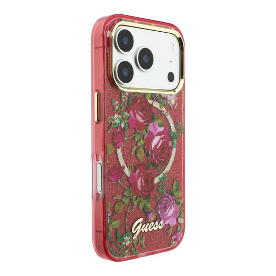 Apple iPhone 18 Pro Max Kılıf Guess Orjinal Lisanslı M-safe Şarj Özellikli Gül Desenli Simli Yazı Logolu Kapak - 4