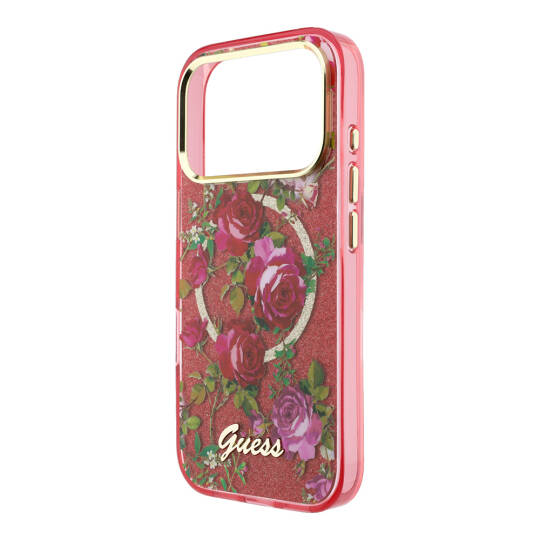 Apple iPhone 18 Pro Max Kılıf Guess Orjinal Lisanslı M-safe Şarj Özellikli Gül Desenli Simli Yazı Logolu Kapak - 6