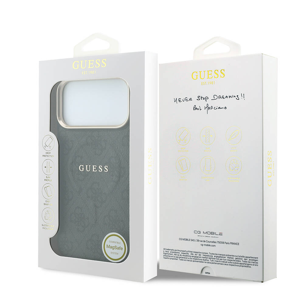 Apple iPhone 18 Pro Max Kılıf Guess Orjinal Lisanslı M-safe Şarj Özellikli Metal Kamera Çerçeveli C-Magnet 4G Desenli Yazı Logolu Kapak - 32