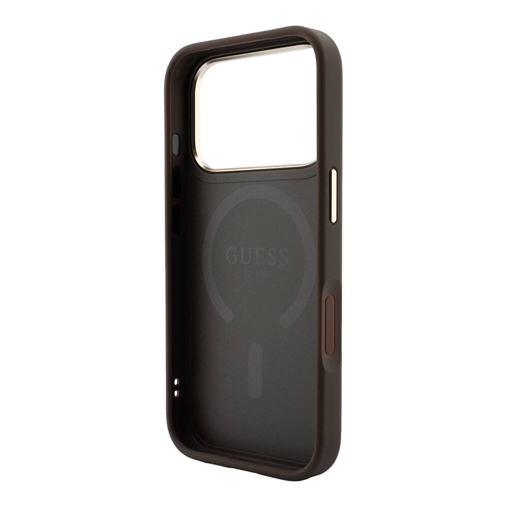 Apple iPhone 18 Pro Max Kılıf Guess Orjinal Lisanslı M-safe Şarj Özellikli Metal Kamera Çerçeveli C-Magnet 4G Desenli Yazı Logolu Kapak - 23