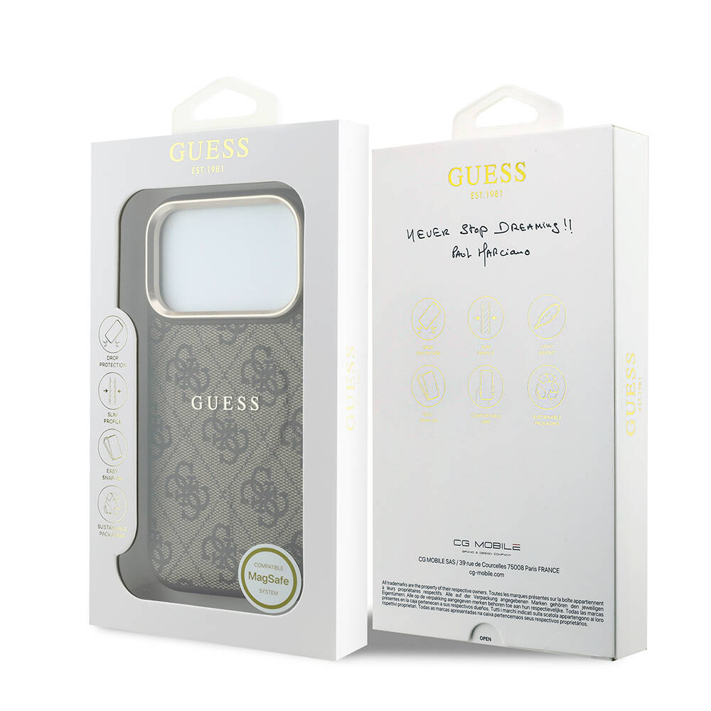 Apple iPhone 18 Pro Max Kılıf Guess Orjinal Lisanslı M-safe Şarj Özellikli Metal Kamera Çerçeveli C-Magnet 4G Desenli Yazı Logolu Kapak - 24