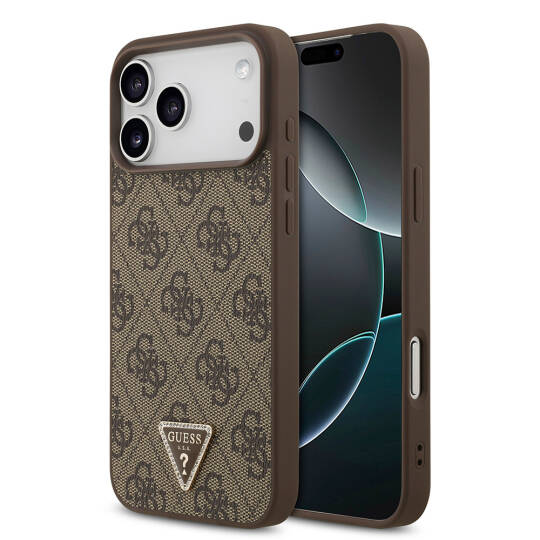 Apple iPhone 18 Pro Max Kılıf Guess Orjinal Lisanslı M-safe Şarj Özellikli PU Deri Taşlı Üçgen Logo 4G Desenli Strass Kapak - 9