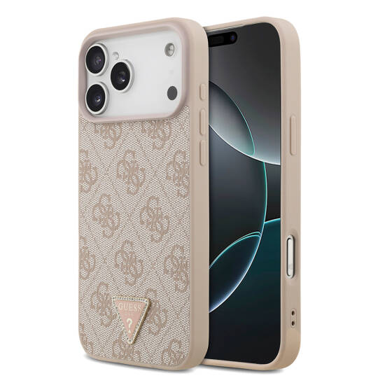 Apple iPhone 18 Pro Max Kılıf Guess Orjinal Lisanslı M-safe Şarj Özellikli PU Deri Taşlı Üçgen Logo 4G Desenli Strass Kapak