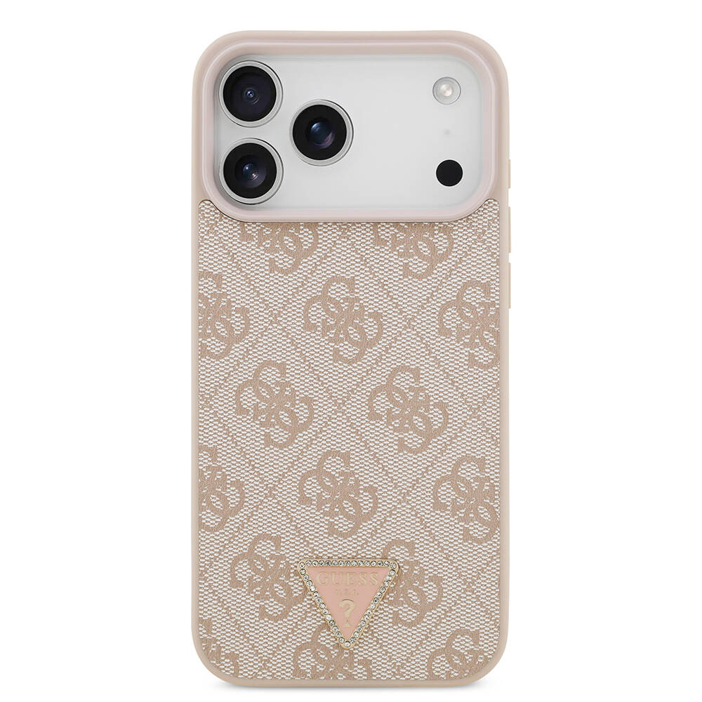 Apple iPhone 18 Pro Max Kılıf Guess Orjinal Lisanslı M-safe Şarj Özellikli PU Deri Taşlı Üçgen Logo 4G Desenli Strass Kapak - 3