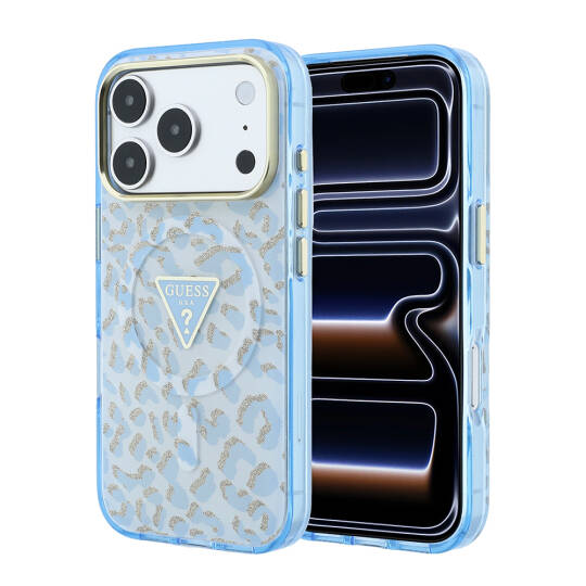 Apple iPhone 18 Pro Max Kılıf Guess Orjinal Lisanslı M-safe Şarj Özellikli Üçgen Logolu Simli Leopar Desenli Kapak - 25