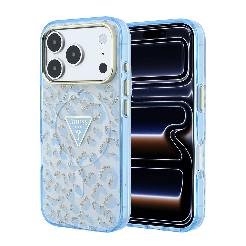Apple iPhone 18 Pro Max Kılıf Guess Orjinal Lisanslı M-safe Şarj Özellikli Üçgen Logolu Simli Leopar Desenli Kapak - 25