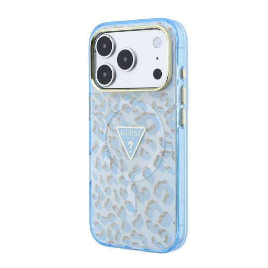 Apple iPhone 18 Pro Max Kılıf Guess Orjinal Lisanslı M-safe Şarj Özellikli Üçgen Logolu Simli Leopar Desenli Kapak - 26