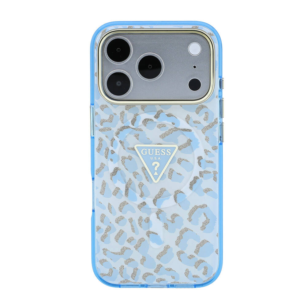 Apple iPhone 18 Pro Max Kılıf Guess Orjinal Lisanslı M-safe Şarj Özellikli Üçgen Logolu Simli Leopar Desenli Kapak - 27