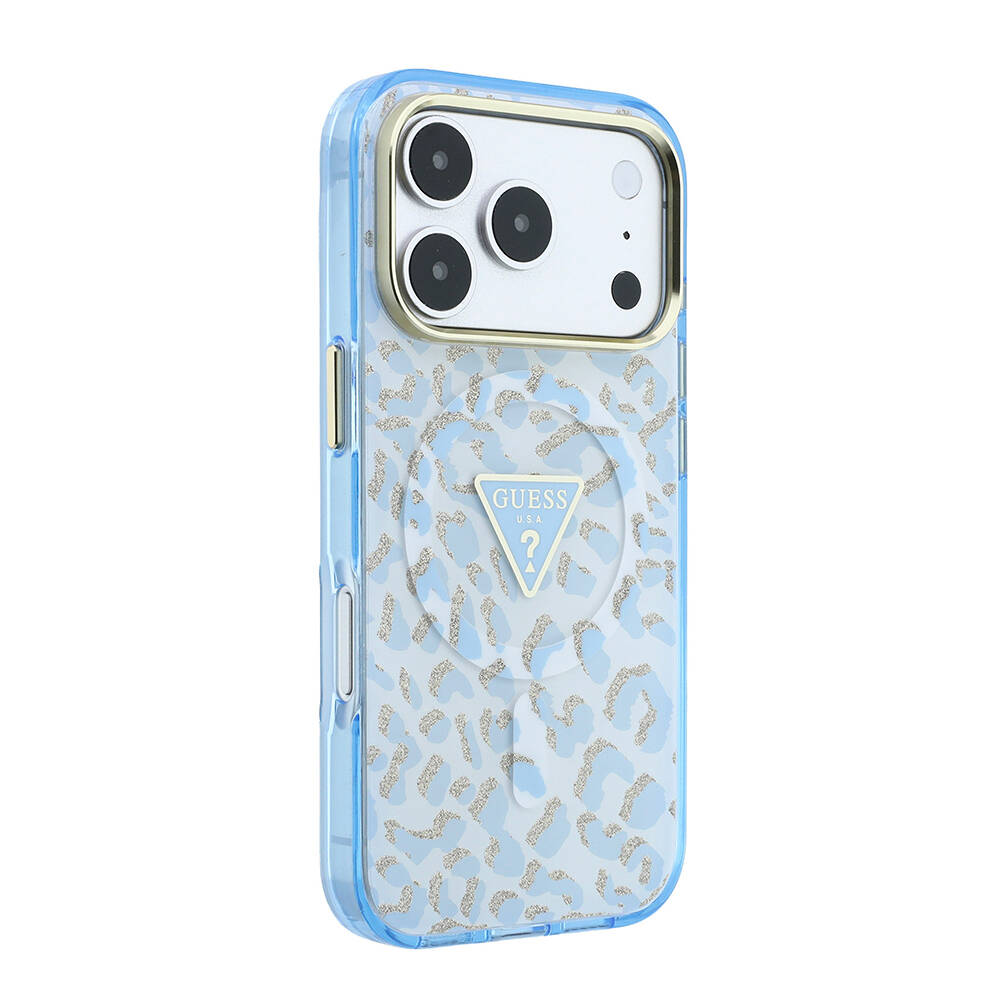 Apple iPhone 18 Pro Max Kılıf Guess Orjinal Lisanslı M-safe Şarj Özellikli Üçgen Logolu Simli Leopar Desenli Kapak - 28