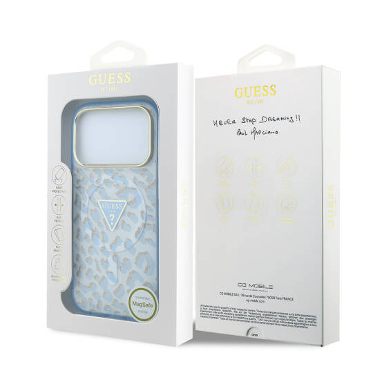 Apple iPhone 18 Pro Max Kılıf Guess Orjinal Lisanslı M-safe Şarj Özellikli Üçgen Logolu Simli Leopar Desenli Kapak - 32