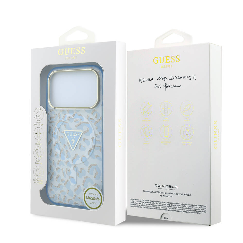 Apple iPhone 18 Pro Max Kılıf Guess Orjinal Lisanslı M-safe Şarj Özellikli Üçgen Logolu Simli Leopar Desenli Kapak - 32