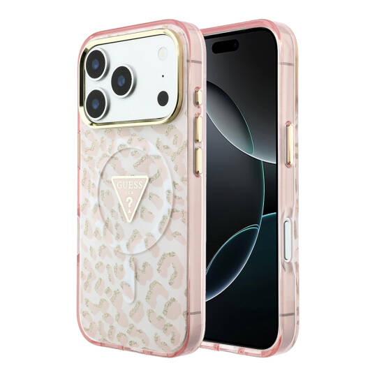 Apple iPhone 18 Pro Max Kılıf Guess Orjinal Lisanslı M-safe Şarj Özellikli Üçgen Logolu Simli Leopar Desenli Kapak - 17