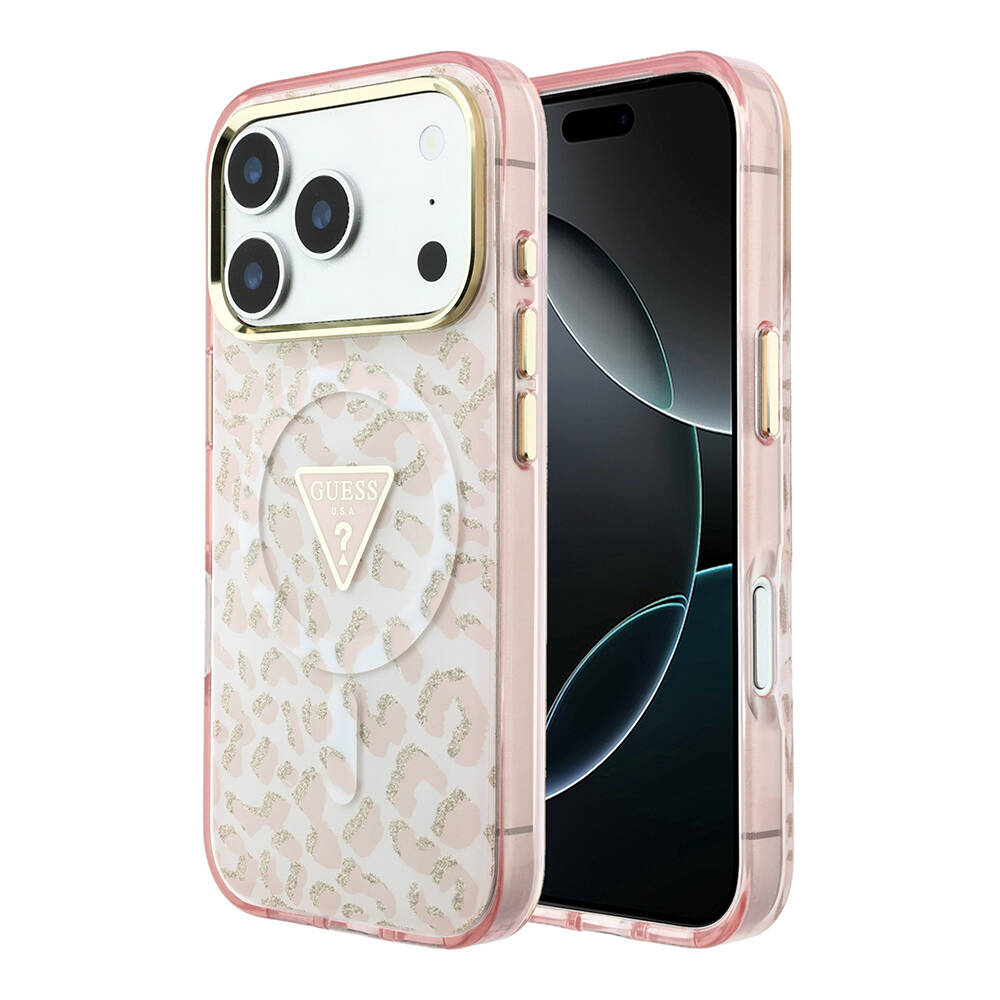 Apple iPhone 18 Pro Max Kılıf Guess Orjinal Lisanslı M-safe Şarj Özellikli Üçgen Logolu Simli Leopar Desenli Kapak - 17