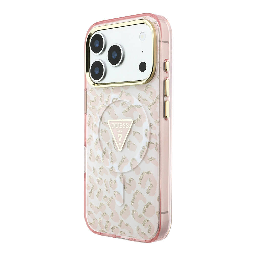 Apple iPhone 18 Pro Max Kılıf Guess Orjinal Lisanslı M-safe Şarj Özellikli Üçgen Logolu Simli Leopar Desenli Kapak - 18